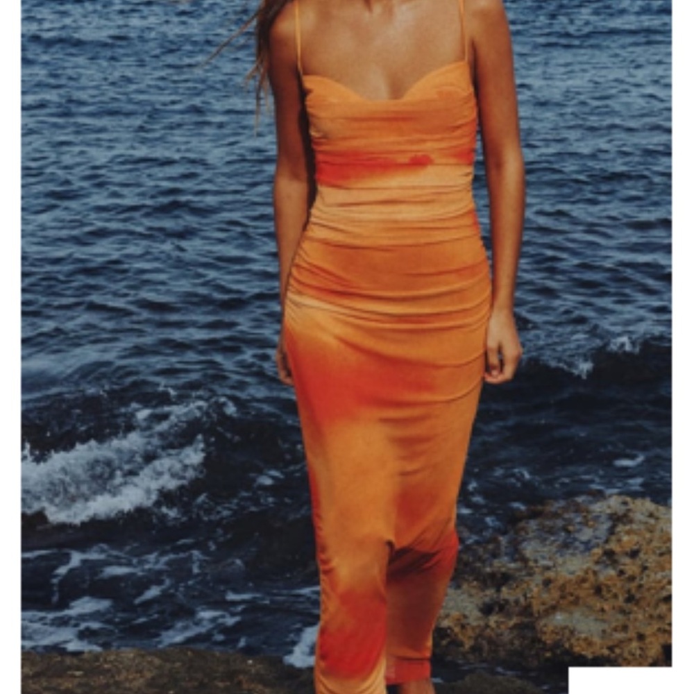 Viral printed tulle draped dress, orange tangerine